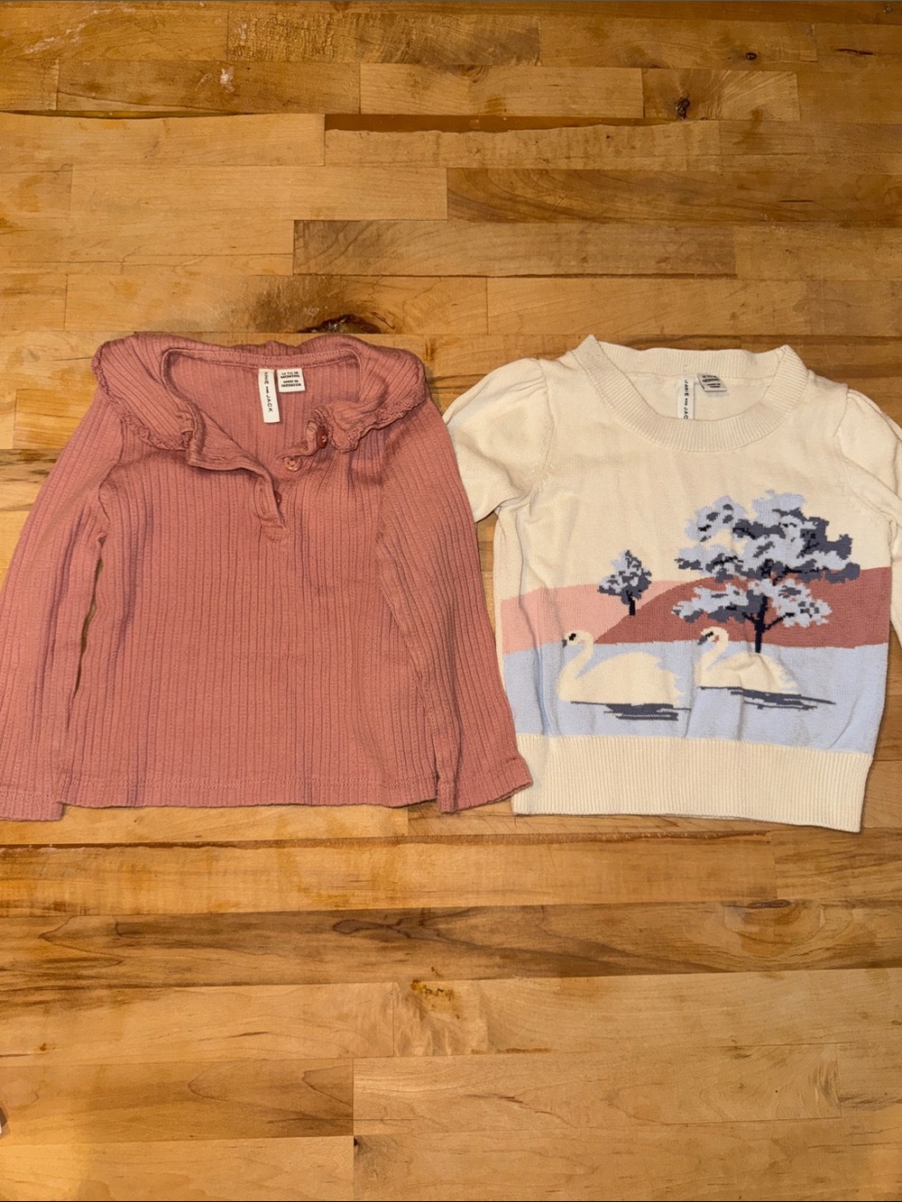 Janie and Jack Dusty Rose Ruffle Collar Knit Top and Swan Embroidered Sweater
